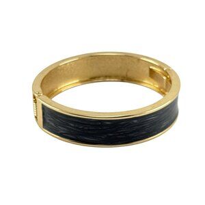 Gold Tone Black Woodgrain Enamel Hinged Bangle Bracelet for Women